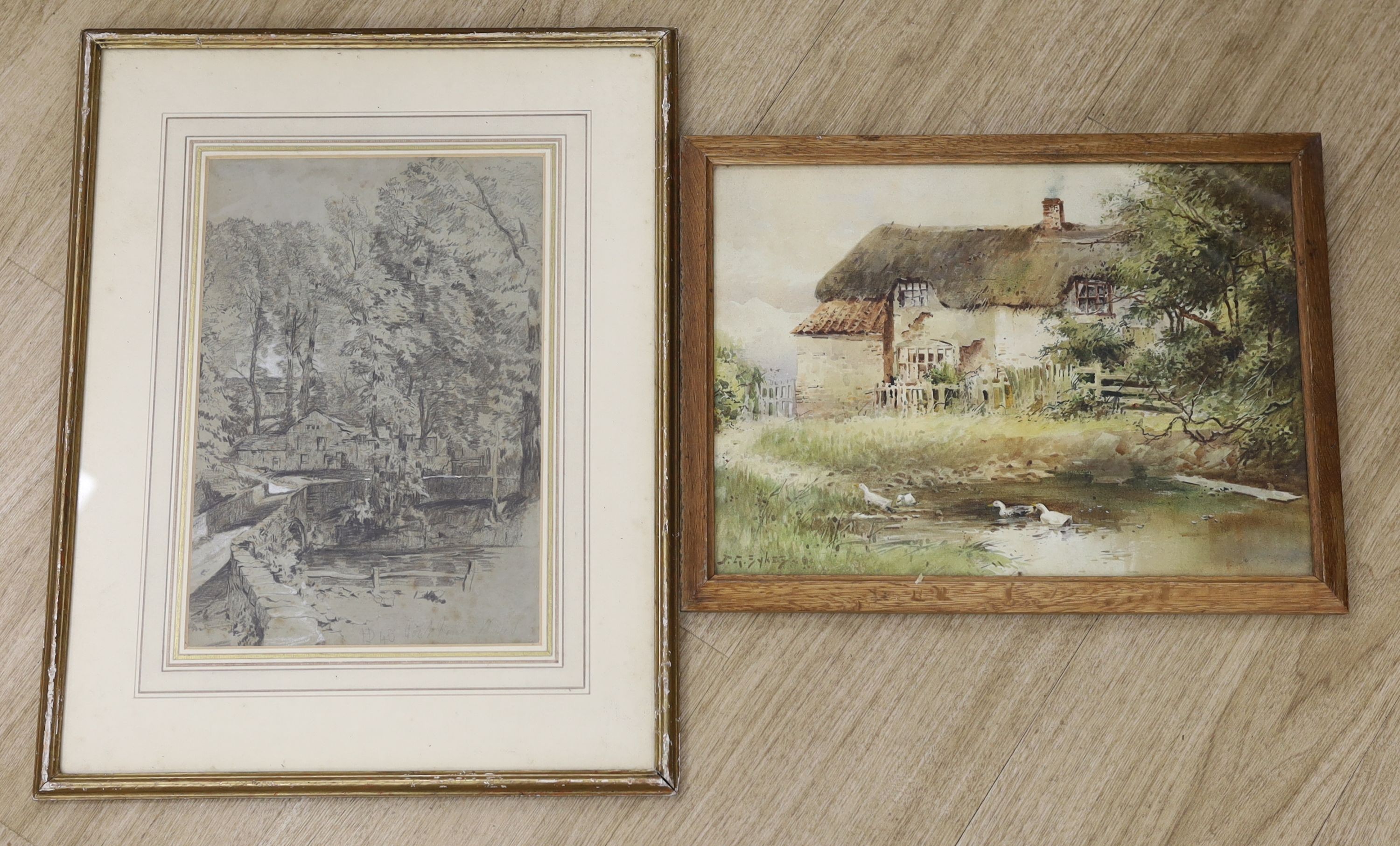 John Gutteridge Sykes (1866-1941), watercolour, Ducks with thatched cottage, signed, 27 x 37cm and a pencil sketch of a Welsh village, 32 x 22cm